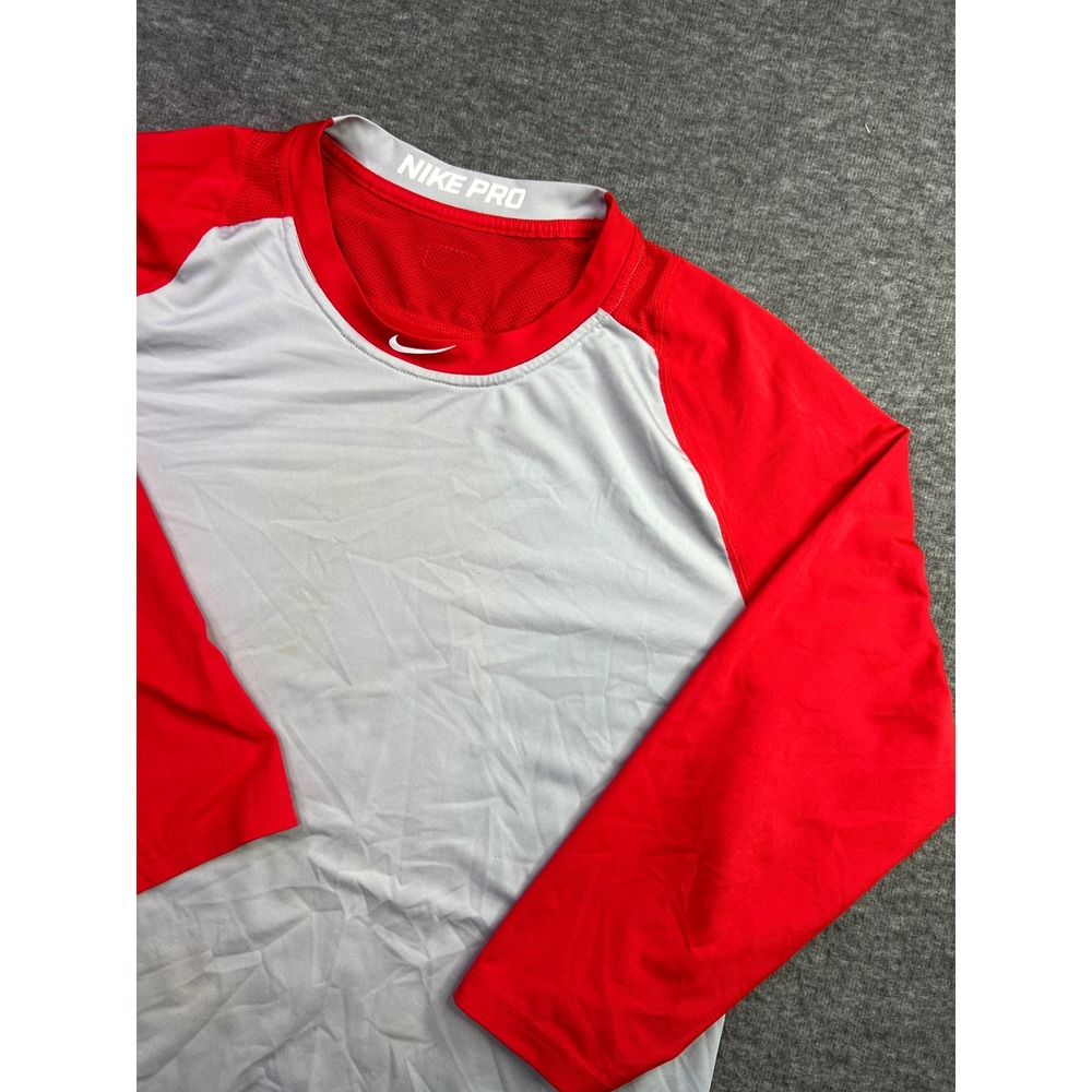 Nike Pro Mens XL Dri-FIT Baseball Shirt Red Grey Raglan 3/4 Sleeve 880659-658